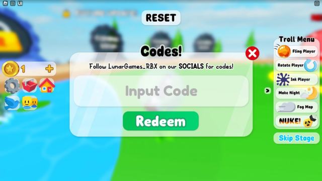Pantalla de canje de códigos en Marble Run Simulator Roblox Experience