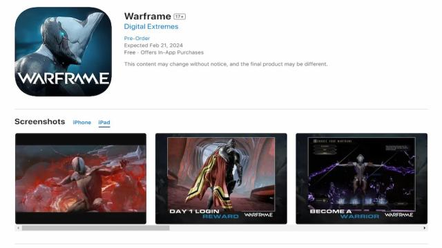 Warframe Mobile en la App Store de iOS mostrando su fecha de lanzamiento