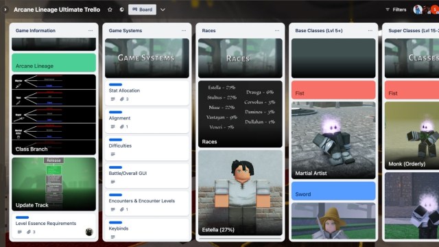 Una captura de pantalla del tablero Arcane Lineage Trello.