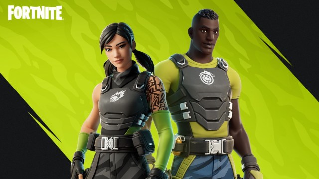 Dos personajes de Fortnite sobre un fondo amarillo y negro.