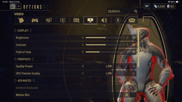 El menú de configuración en Warframe Mobile.