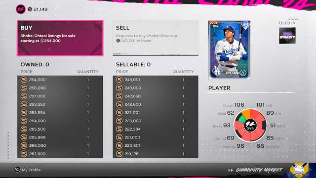 Menú de Compra y Venta de Tarjetas en MLB The Show 24