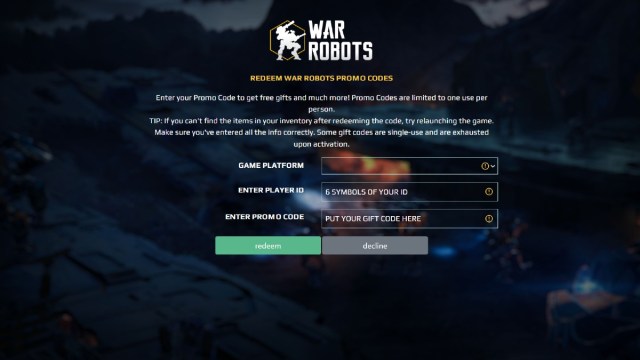 El sitio de intercambio de códigos para War Robots.