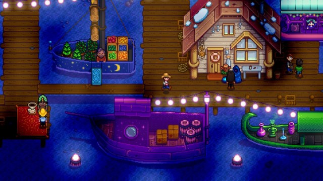 Un personaje caminando por un muelle en Stardew Valley.