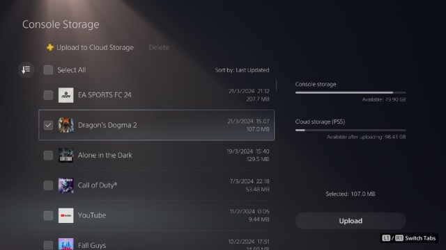 La pantalla para eliminar archivos guardados de Dragon's Dogma 2 en PS5.