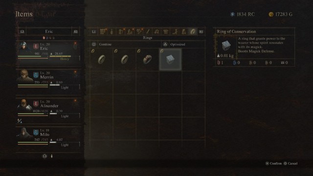 Lista de inventario del Anillo de Preservación en Dragon's Dogma 2.