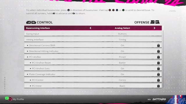 El menú de configuración ofensiva en MLB The Show 2024.
