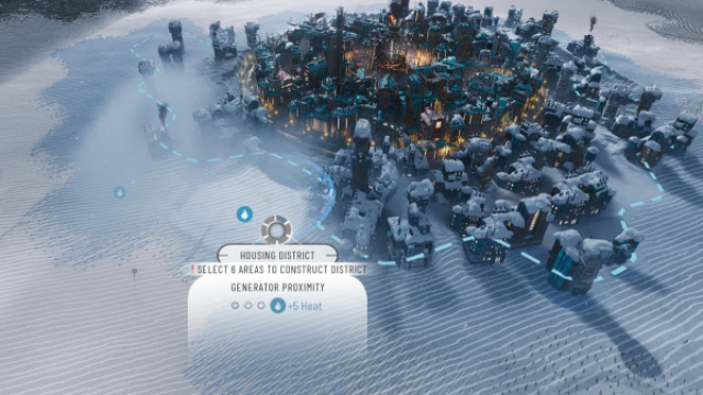 Frostpunk 2 Explicación de cómo construir vecindarios: un jugador intenta optimizar un nuevo distrito de viviendas utilizando bonificaciones de adyacencia.