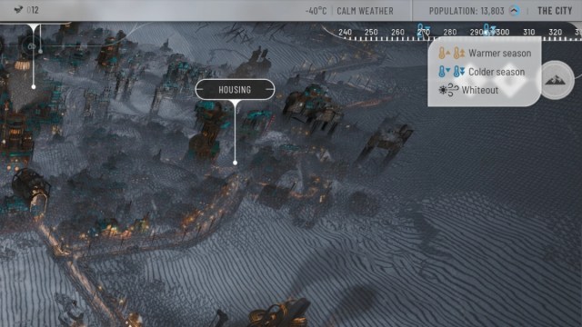 Frostpunk 2 Cómo aumentar la confianza en tu ciudad: medidor de pronóstico del tiempo en la esquina superior derecha de la interfaz de usuario.