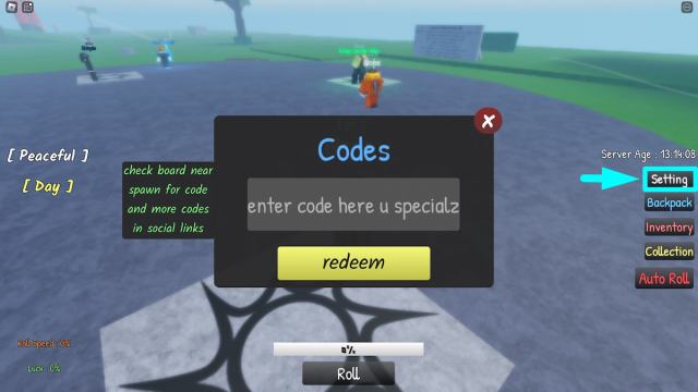 Menú de canje de código en la experiencia Cursed RNG Roblox