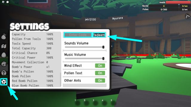 Menú de configuración que muestra el cuadro de canje de código en Ants Simulator 2 Roblox Experience