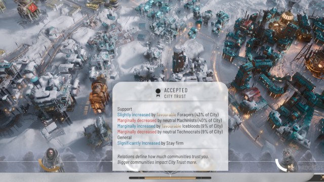 Frostpunk 2 Cómo aumentar la confianza en tu ciudad: el medidor de confianza en la parte inferior de la interfaz de usuario.