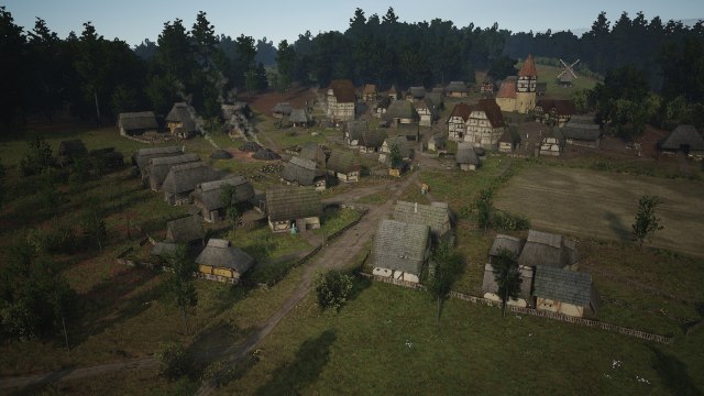 Un pueblo medieval con campos, un molino de viento al fondo y edificios.