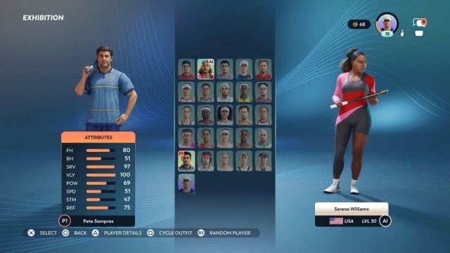 La pantalla de selección de jugador en TopSpin 2K25.