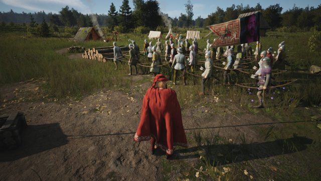 Un señor frente a una guarnición de milicias arqueras listas para el combate.