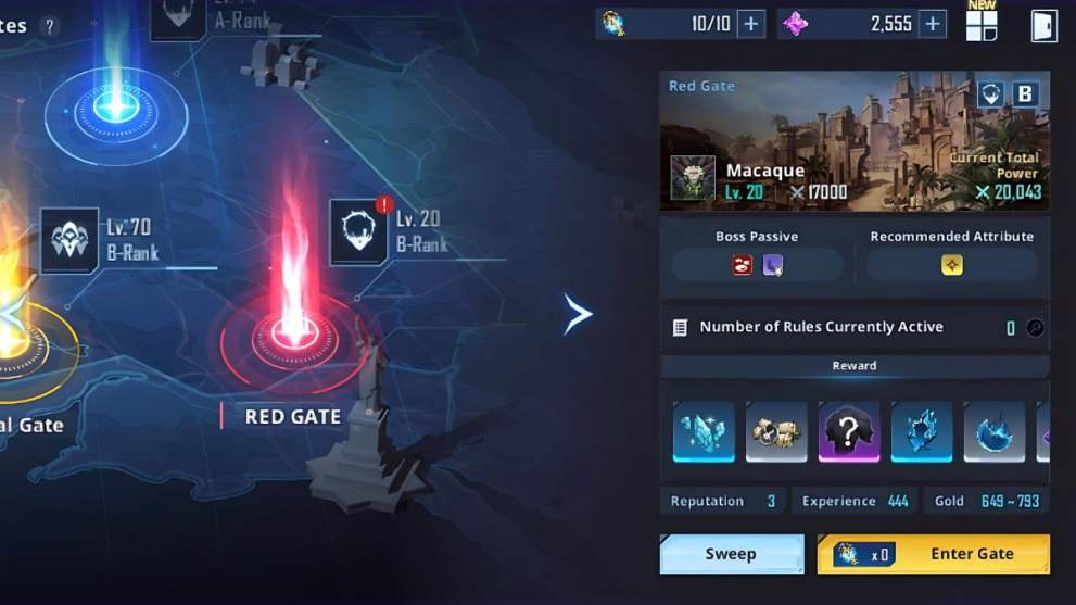 Puerta roja que deja caer rastros de sombra en Solo Leveling: Arise