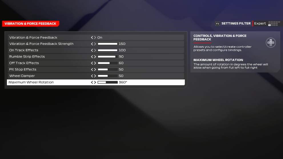 Configuración recomendada de Force Feedback del controlador Xbox en F1 24