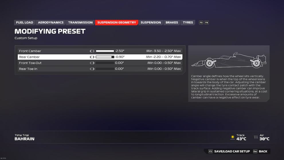 Configuración de la geometría de la suspensión para el GP de Bahrein en F1 24