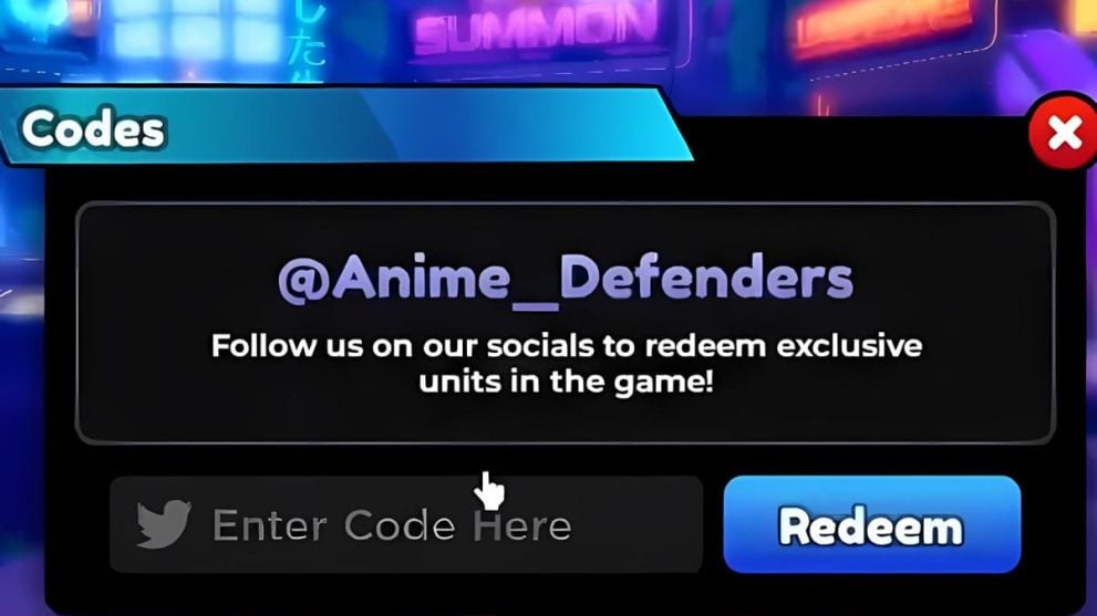 Menú de canje de código en Anime Defenders Roblox Experience