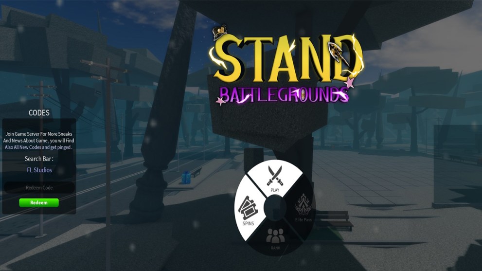 Menú principal de Stand Battleground con códigos a la izquierda