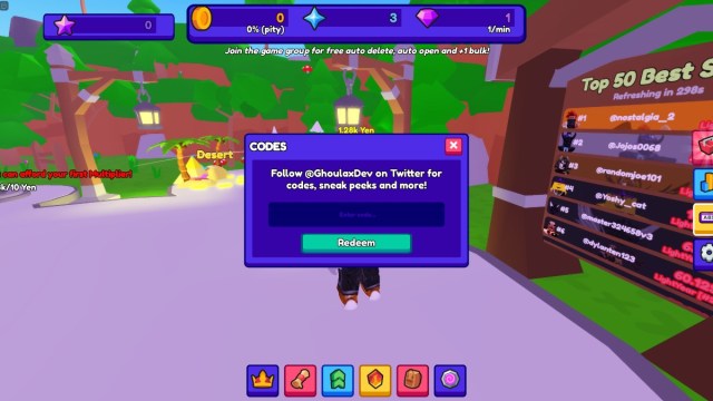 La pantalla de canje de códigos en Button Simulator Mania en Roblox.