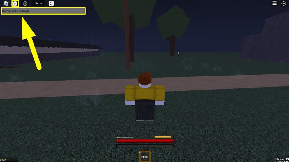 Jugador que canjea un código en la experiencia Onikami Legacy Roblox usando el chat