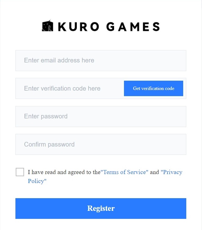 La página de registro de cuenta de Kuro Games