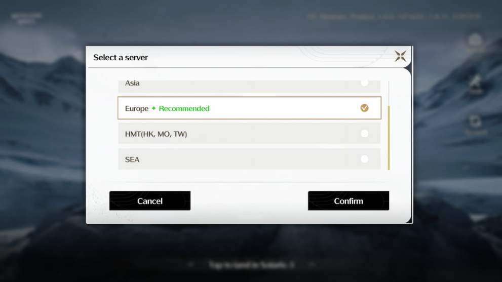 Menú de selección de servidor en Wuthering Waves