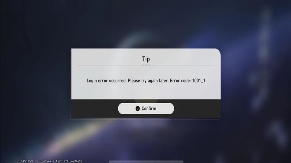 Una ventana de error para el error 1001_1 en Honkai Star Rail