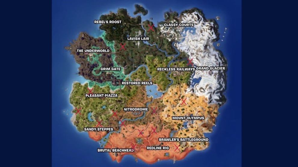Mapa de la temporada 3 del Capítulo 5 de Fortnite con ubicaciones de gasolineras