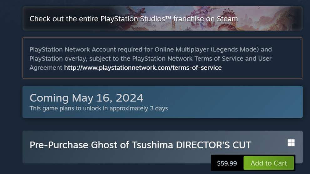 Descargo de responsabilidad de Ghost of Tsushima Steam Psn