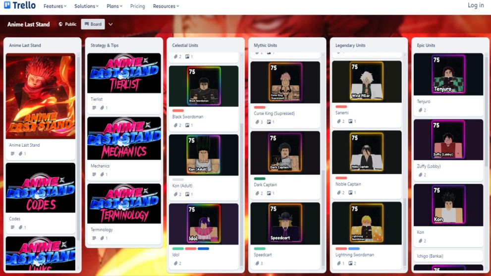 Tablero Trello de Anime Last Stand con todas las líneas