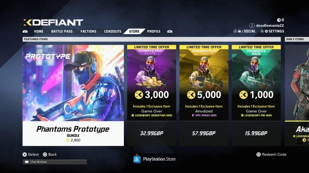 El menú de la tienda en XDefiant.