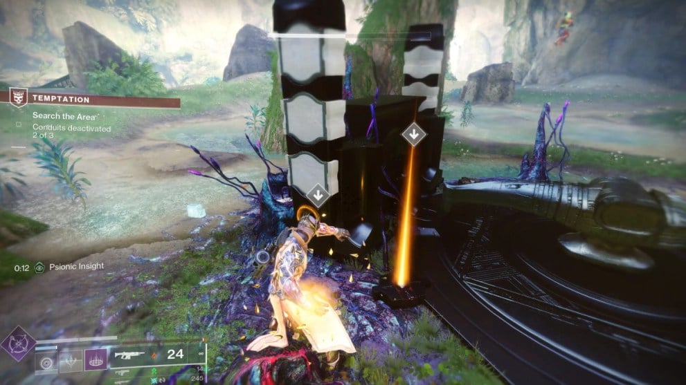 Destiny 2 Final Shape Todas las misiones de la campaña: un guardián deja caer el beneficio Psionic Insight en un conducto de oscuridad.