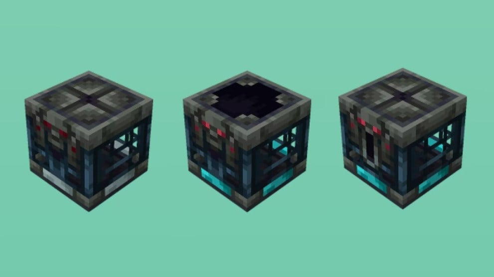 Minecraft tres esquinas del bloque Ominous Vault sobre fondo turquesa