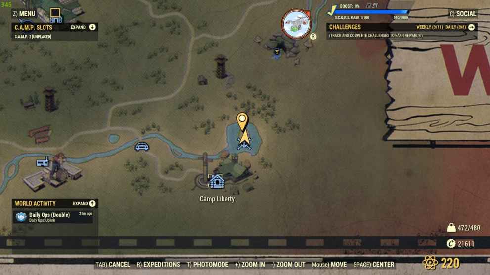 Ubicación de la cascada de Fallout 76 Camp Liberty