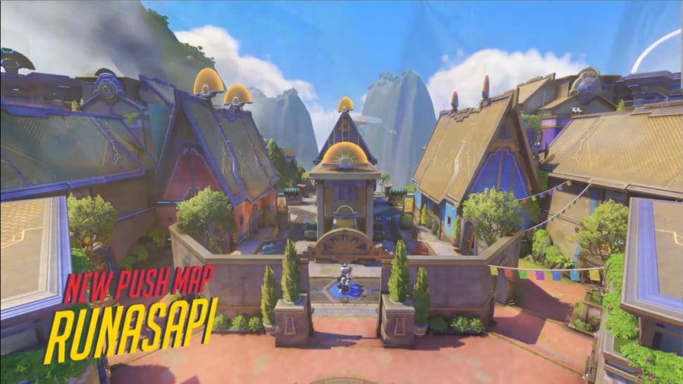 Overwatch 2 New Push Map Runaasi vista lateral de arriba hacia abajo de las casas