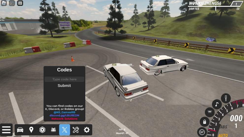 Menú de canje de código en Prodigy Drift Roblox Experience