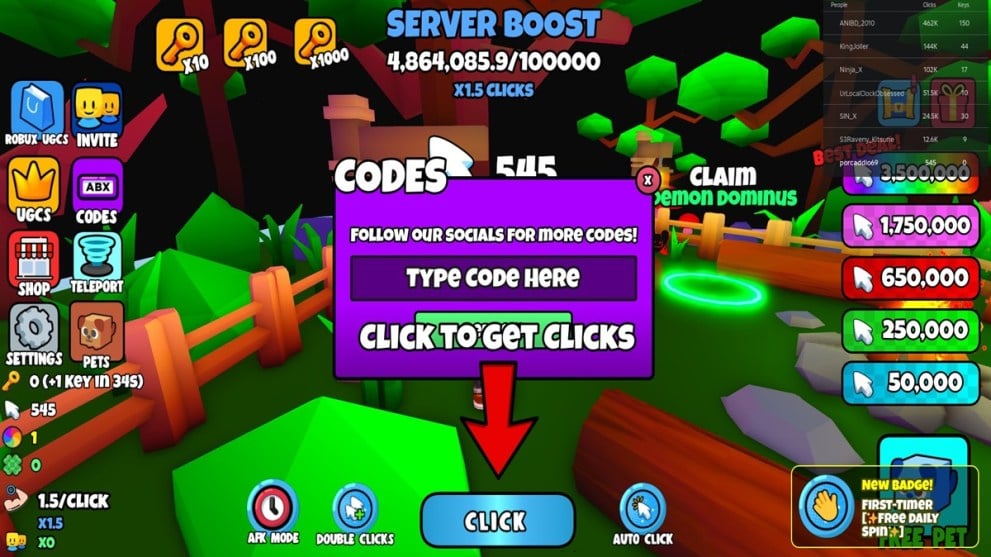 El cuadro de canje de código en Free UGC Clicker