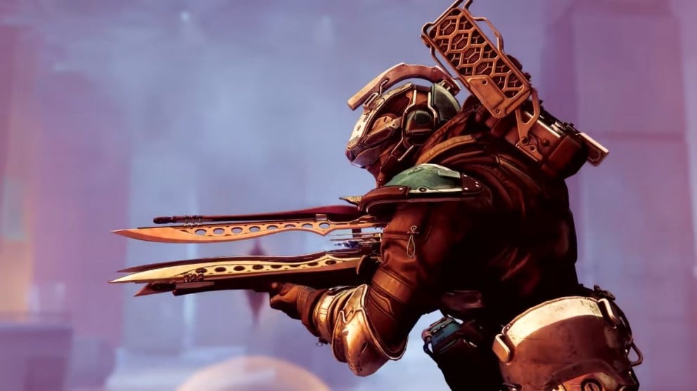 Un personaje de Destiny 2 sosteniendo el rifle Microcosmos.