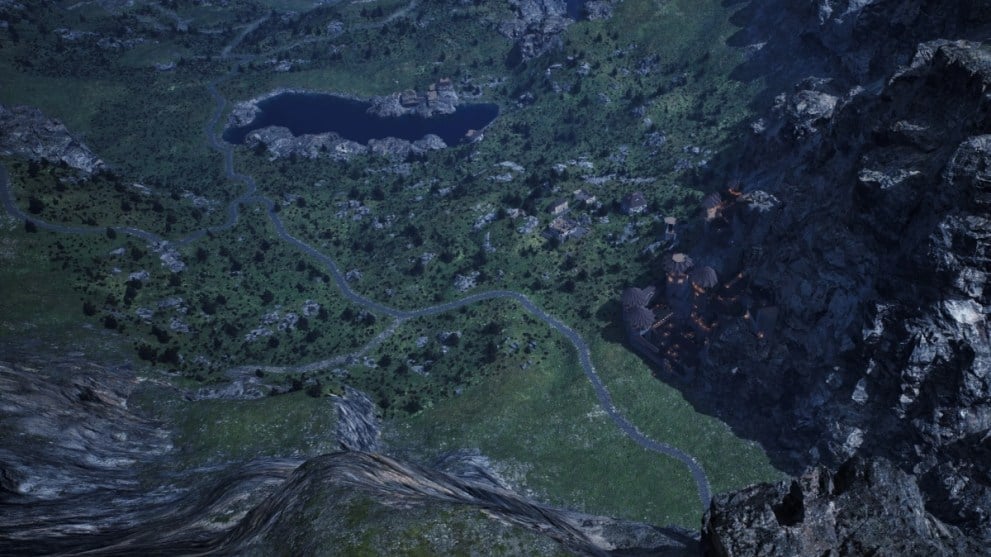 Pax Dei, vista desde arriba de la zona con río y pedernal