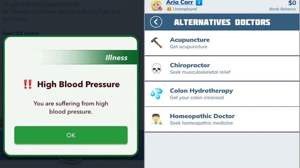 Los menús de presión arterial alta y Doctor alternativo en BitLife.