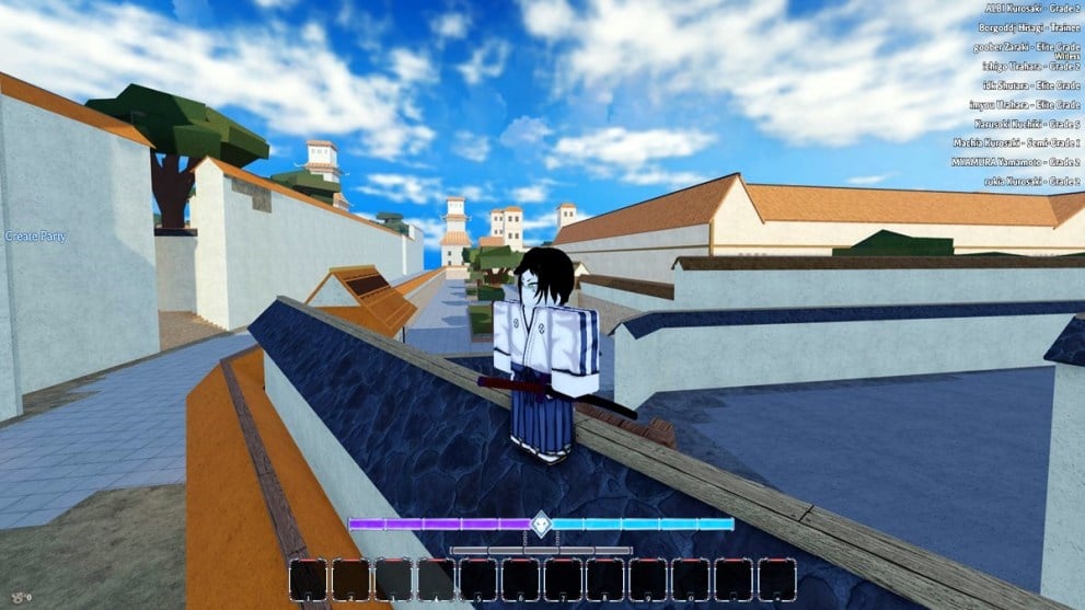 Un personaje de roblox parado en el techo de una ciudad japonesa.