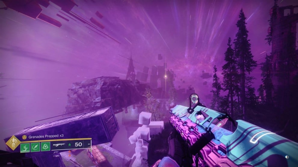 Destiny 2 The Final Shape apuntando con un arma en un paisaje violeta