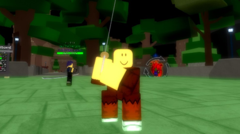 Un personaje de Roblox sosteniendo una espada en RE:XL.