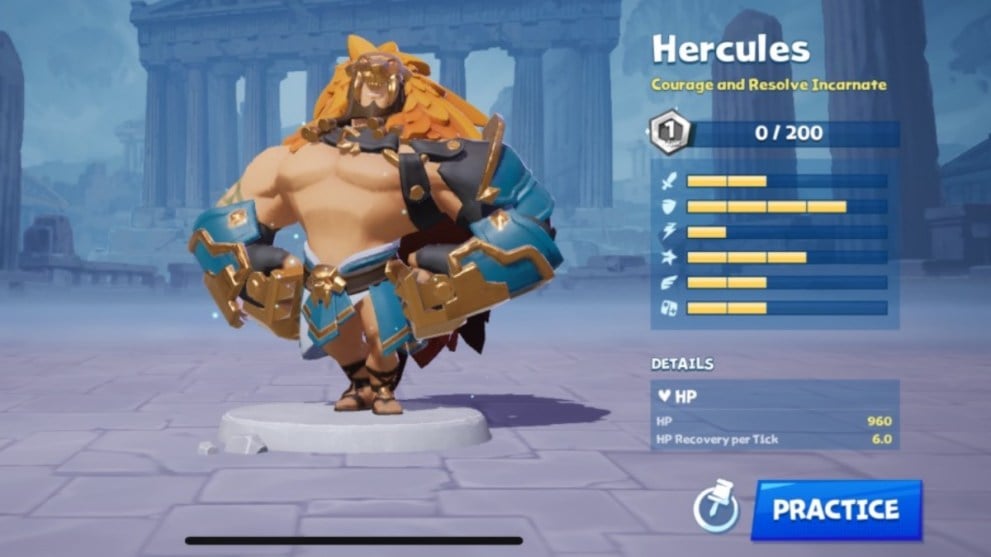 Pantalla de estadísticas de personajes de HERCULES Battle Crush