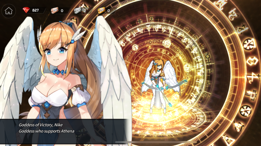 Nike, un personaje femenino rubio convocado con alas blancas en Sword Master Story 