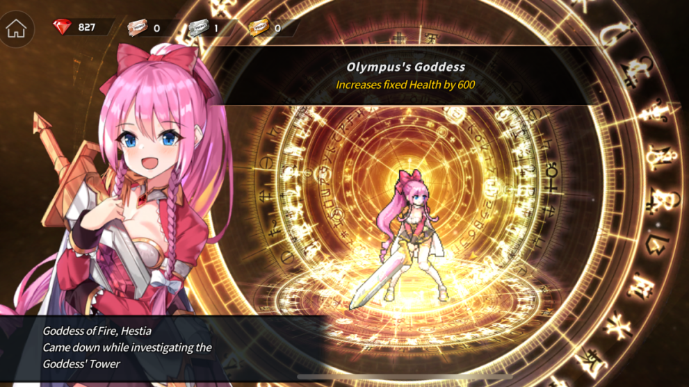 Hestia en Sword Master Story con cabello rosado y una gran espada.