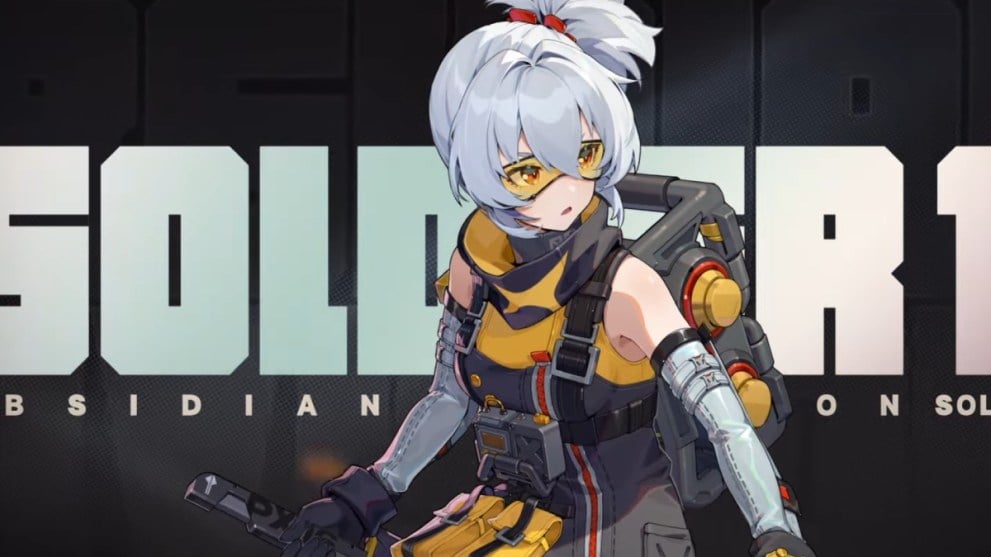 Zenless Zone Zero ZZZ Soldier 11 Splash Art con una chica con cabello plateado y gafas amarillas y un traje de soldado amarillo