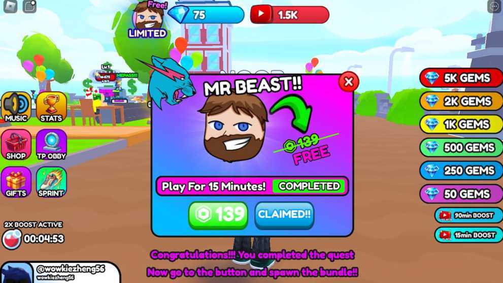 Menú MrBeast gratuito en Viral Youtuber Tycoon